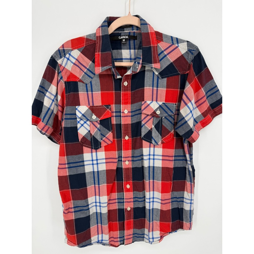 Carbon Plaid Button Down Shirt Mens Medium Red Navy‎ White Short Sleeve Western